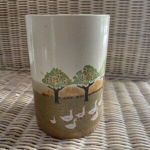 Vintage Crock Vase Pottery Geese Ducks Apple Trees Made in Korea Cylinder 6"